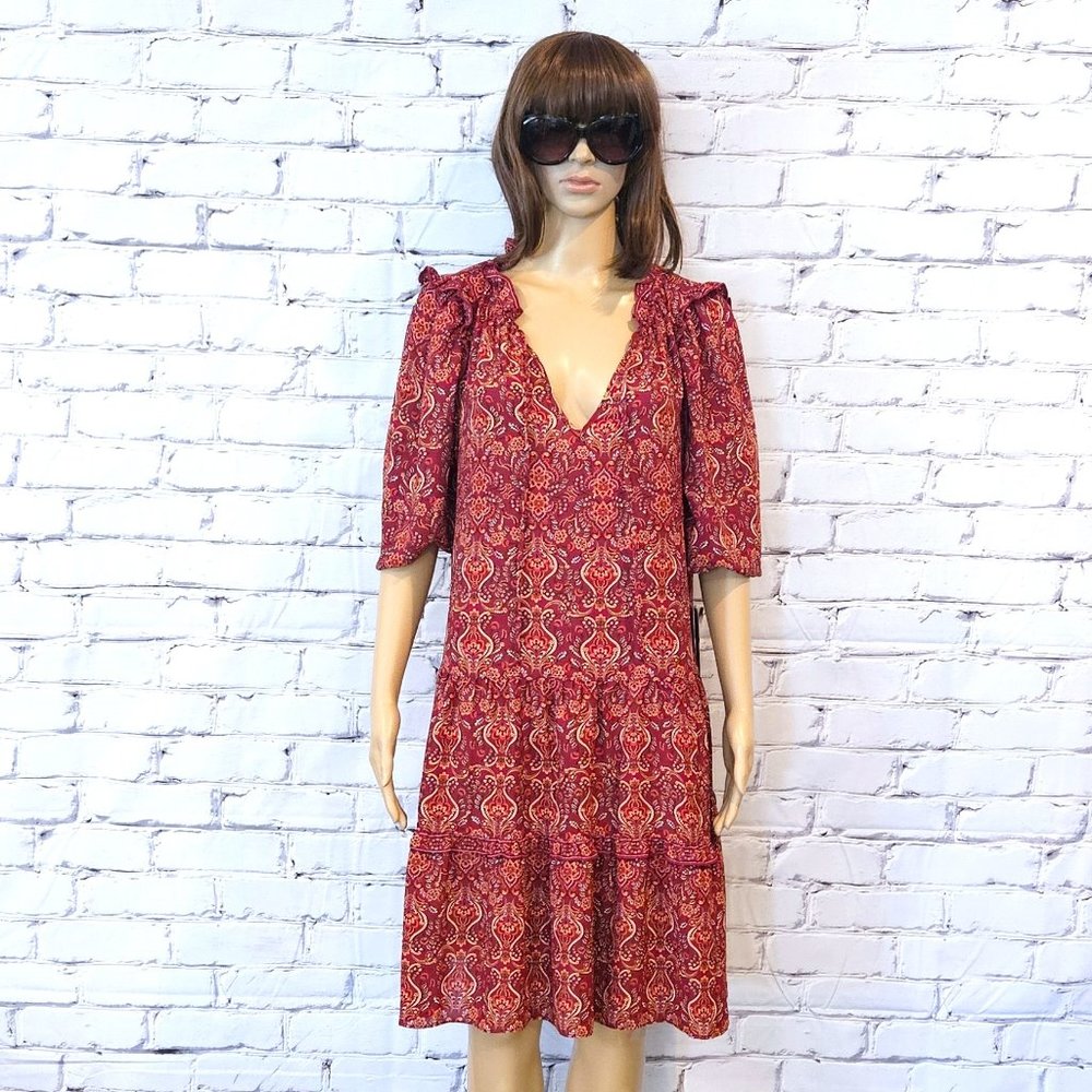 NWT!!! MAX STUDIO, Boho burgundy long sleeve floral pattern dress, size: large - Picture 5 of 15